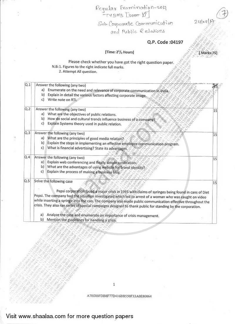Corporate Communication and Public Relations 2016-2017 - B.M.S - Semester 6 - University of Mumbai question paper with PDF download