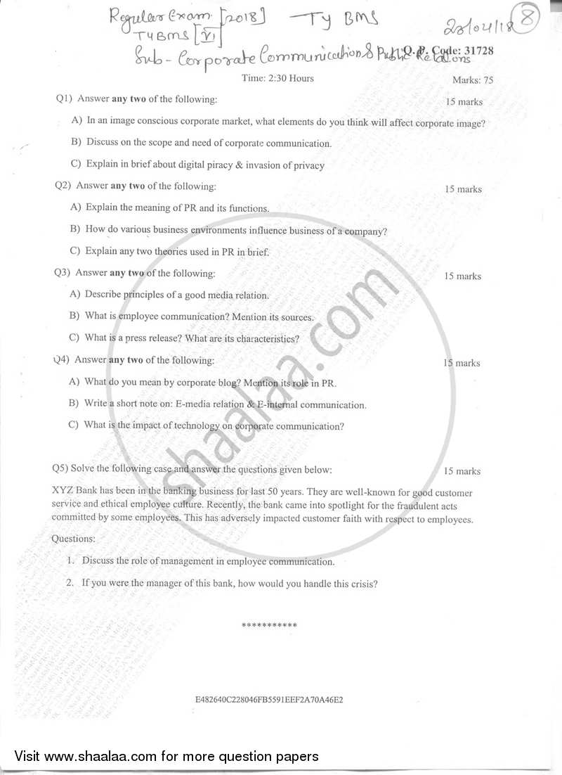 Corporate Communication and Public Relations 2017-2018 - B.M.S - Semester 6 - University of Mumbai question paper with PDF download