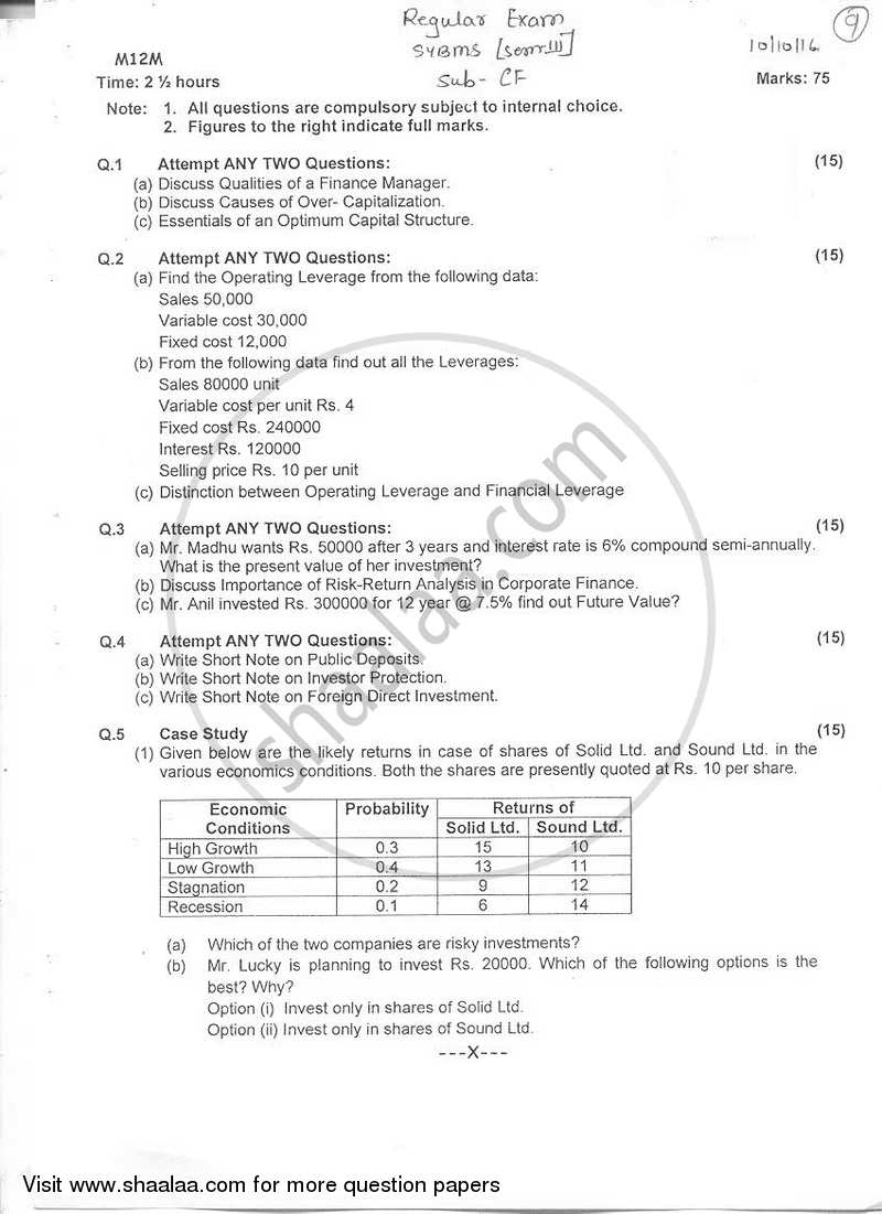 Corporate Finance 2016-2017 - B.M.S - Semester 3 - University of Mumbai question paper with PDF download