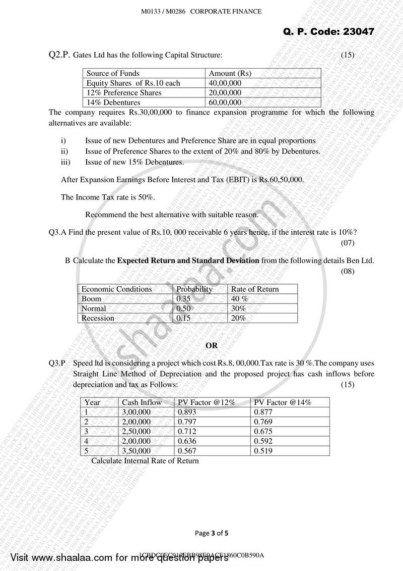 Corporate Finance 2017-2018 - B.M.S - Semester 3 - University of Mumbai question paper with PDF download