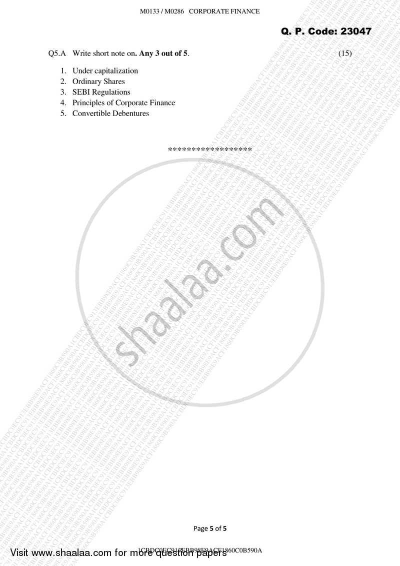 Corporate Finance 2017-2018 - B.M.S - Semester 3 - University of Mumbai question paper with PDF download