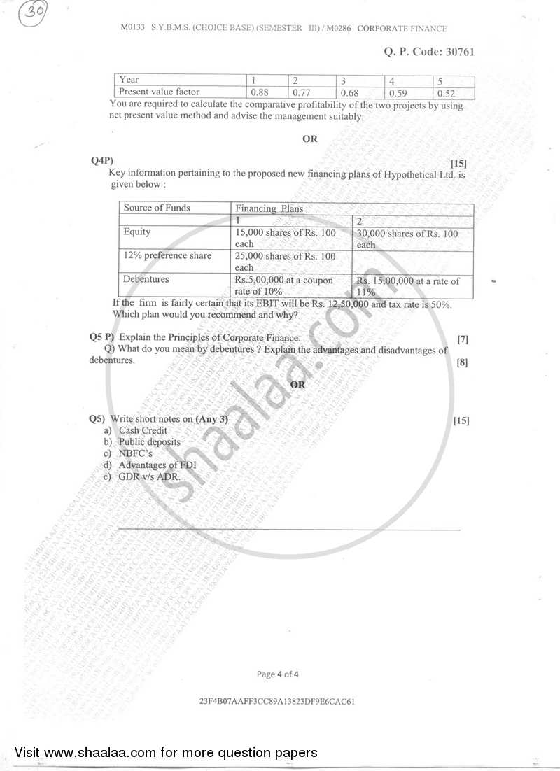 Corporate Finance 2017-2018 - B.M.S - Semester 3 - University of Mumbai question paper with PDF download