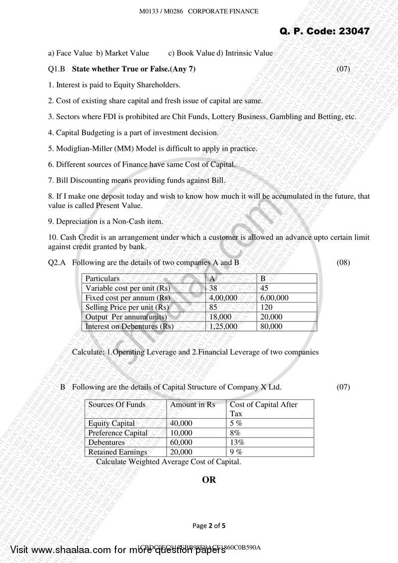 Corporate Finance 2017-2018 - B.M.S - Semester 3 - University of Mumbai question paper with PDF download