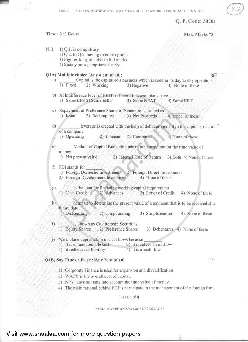 Corporate Finance 2017-2018 - B.M.S - Semester 3 - University of Mumbai question paper with PDF download