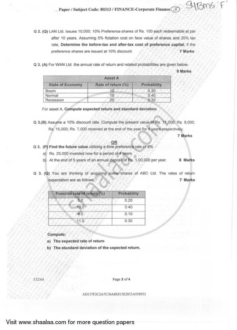 Corporate Finance 2018-2019 - B.M.S - Semester 3 - University of Mumbai question paper with PDF download