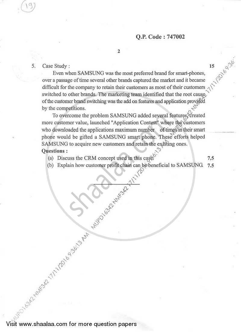 Customer Relationship Management 2016-2017 - B.M.S - Semester 5 - University of Mumbai question paper with PDF download