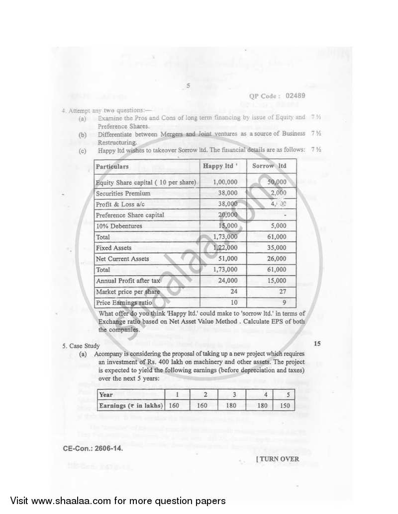 Financial Management 2014-2015 - B.M.S - Semester 5 - University of Mumbai question paper with PDF download
