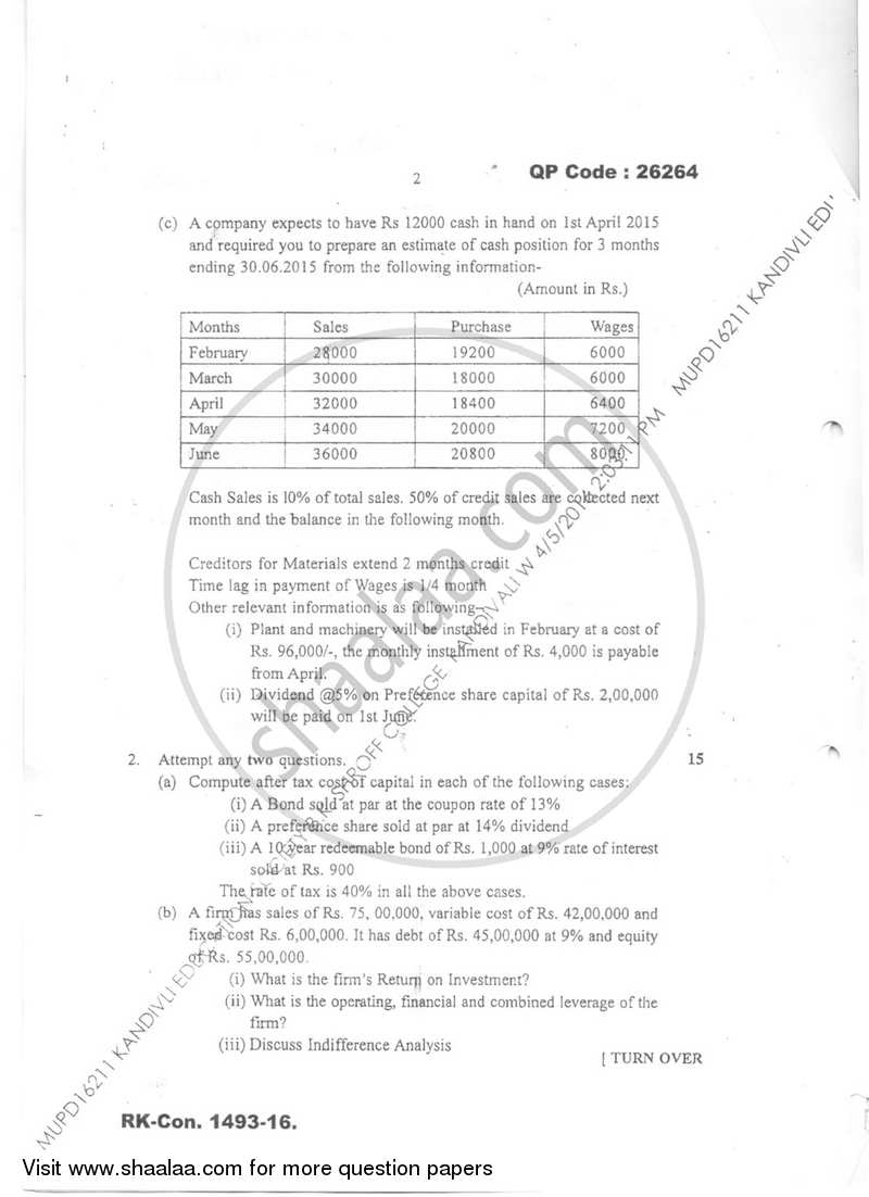 Financial Management 2015-2016 - B.M.S - Semester 5 - University of Mumbai question paper with PDF download
