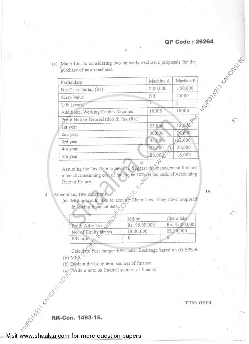 Financial Management 2015-2016 - B.M.S - Semester 5 - University of Mumbai question paper with PDF download