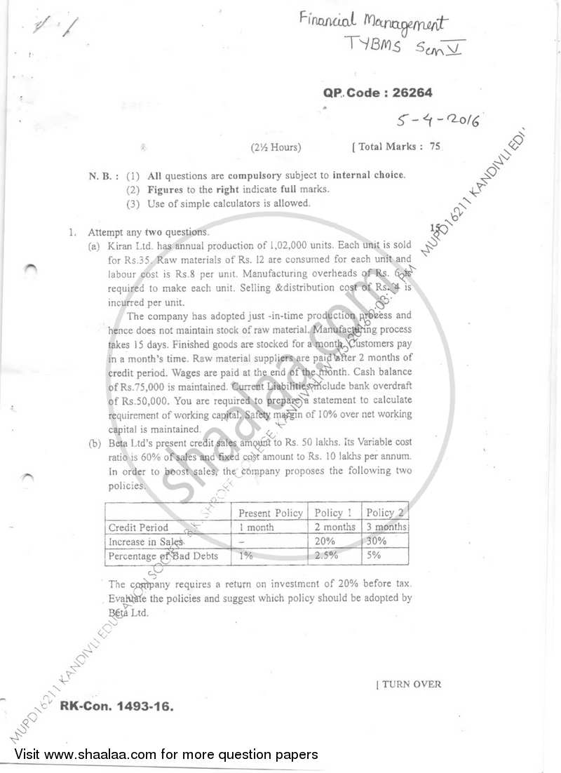 Financial Management 2015-2016 - B.M.S - Semester 5 - University of Mumbai question paper with PDF download