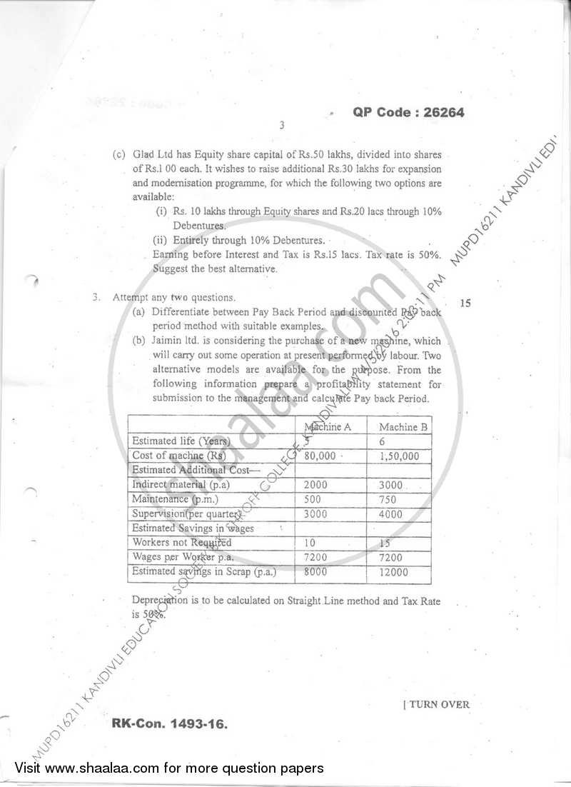 Financial Management 2015-2016 - B.M.S - Semester 5 - University of Mumbai question paper with PDF download
