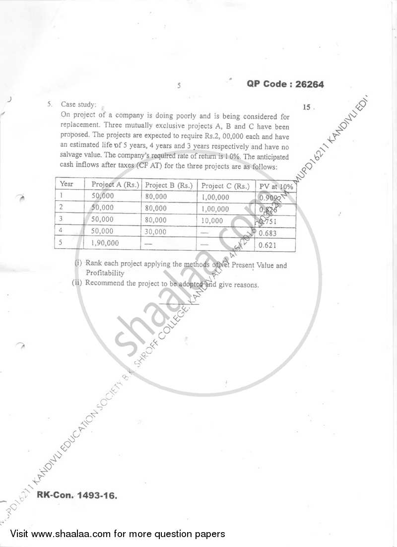 Financial Management 2015-2016 - B.M.S - Semester 5 - University of Mumbai question paper with PDF download