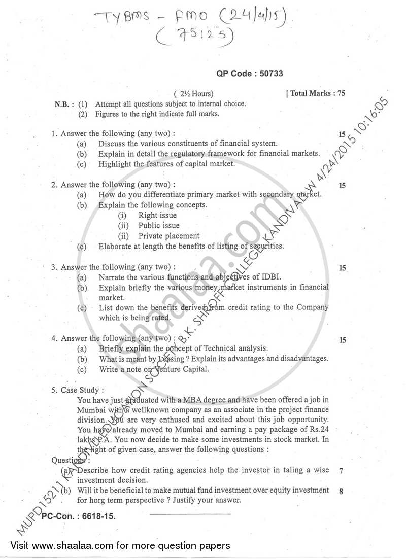 Financial Market Operations 2014-2015 - B.M.S - Semester 6 - University of Mumbai question paper with PDF download