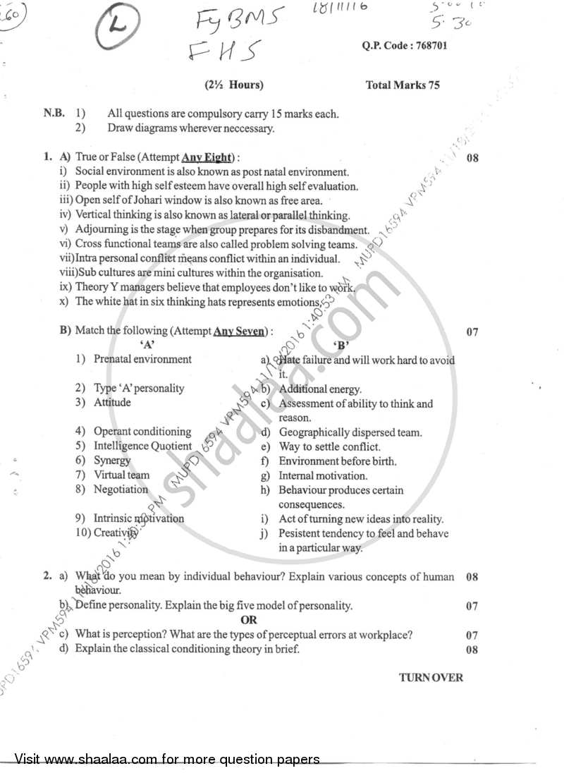 Foundation of Human Skills 2016-2017 - B.M.S - Semester 1 - University of Mumbai question paper with PDF download