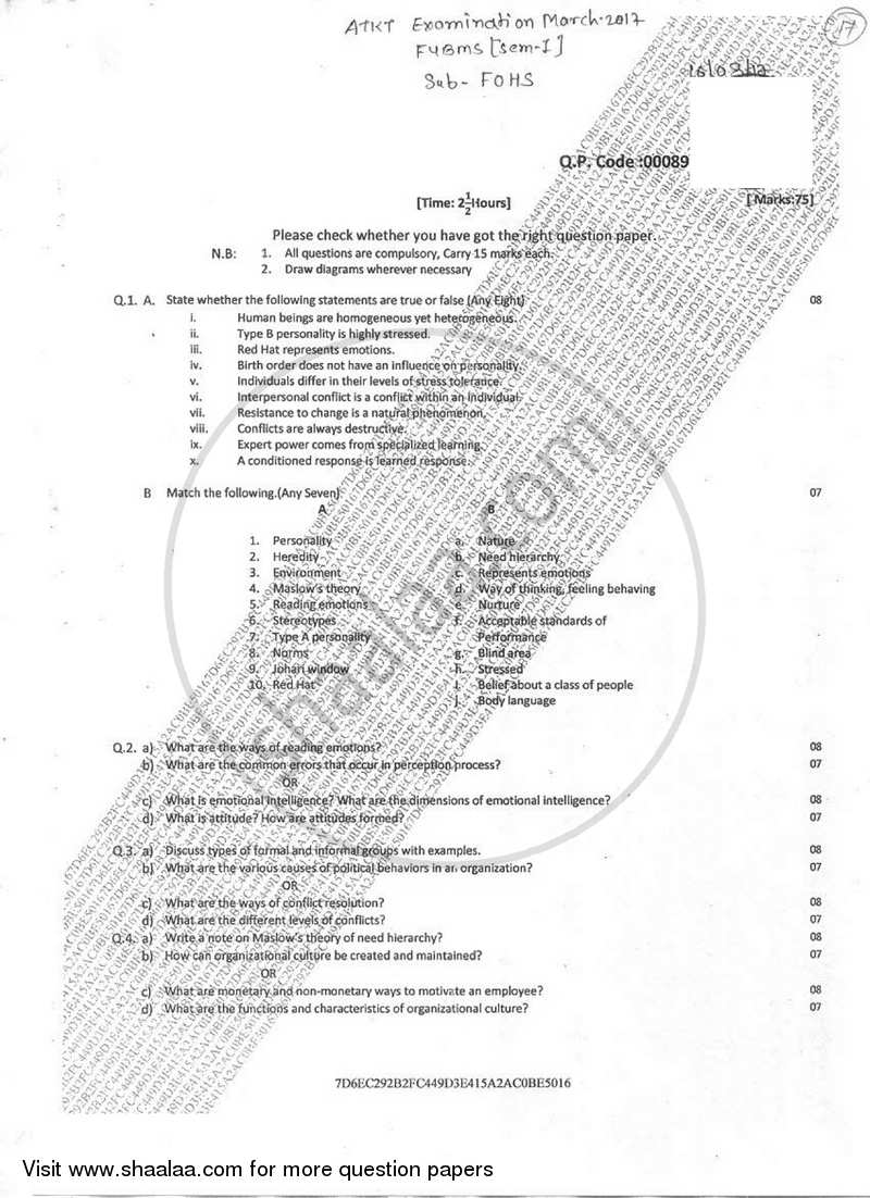 Foundation of Human Skills 2016-2017 - B.M.S - Semester 1 - University of Mumbai question paper with PDF download