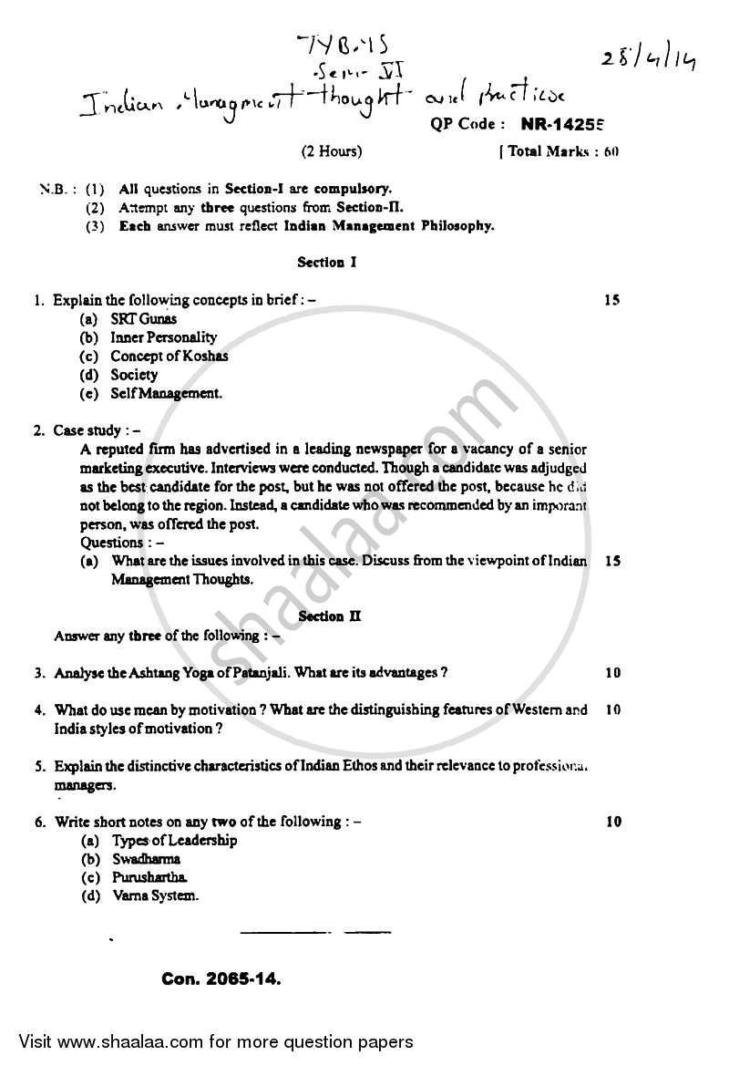 Indian Management Thought and Practices 2013-2014 - B.M.S - Semester 6 - University of Mumbai question paper with PDF download