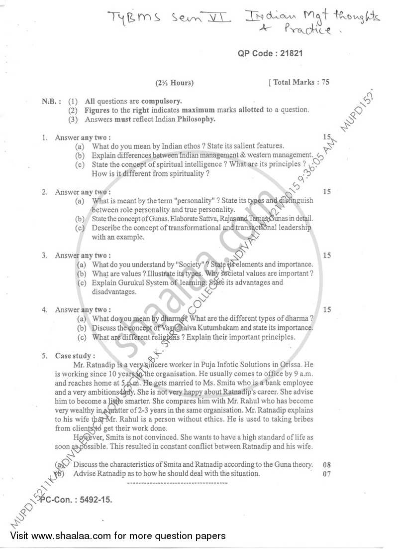 Indian Management Thought and Practices 2014-2015 - B.M.S - Semester 6 - University of Mumbai question paper with PDF download