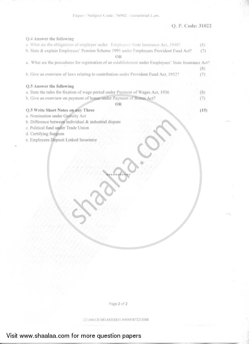 Industrial Law 2018-2019 - B.M.S - Semester 2 - University of Mumbai question paper with PDF download