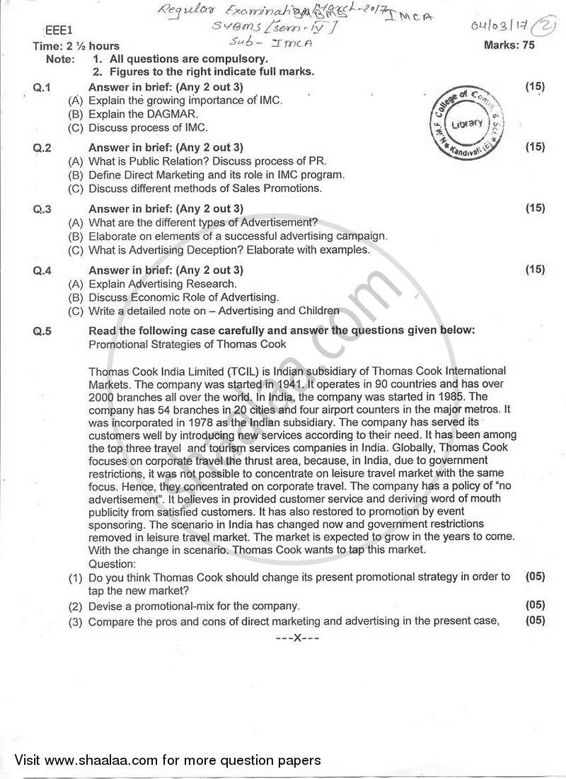 Integrated Marketing Communication 2016-2017 - B.M.S - Semester 4 - University of Mumbai question paper with PDF download