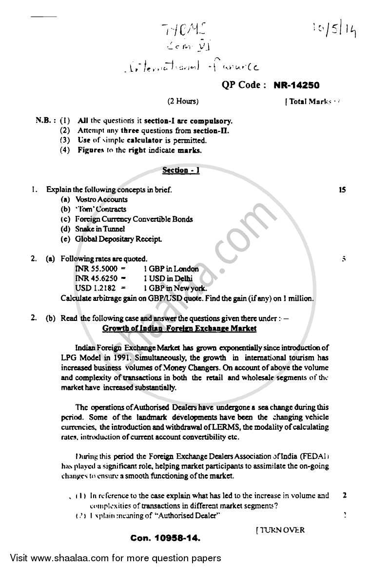 International Finance 2013-2014 - B.M.S - Semester 6 - University of Mumbai question paper with PDF download
