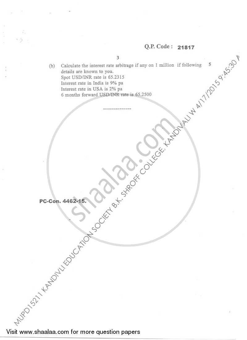 International Finance 2014-2015 - B.M.S - Semester 6 - University of Mumbai question paper with PDF download