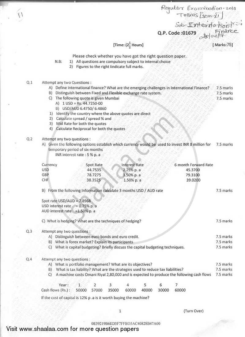 International Finance 2016-2017 - B.M.S - Semester 6 - University of Mumbai question paper with PDF download