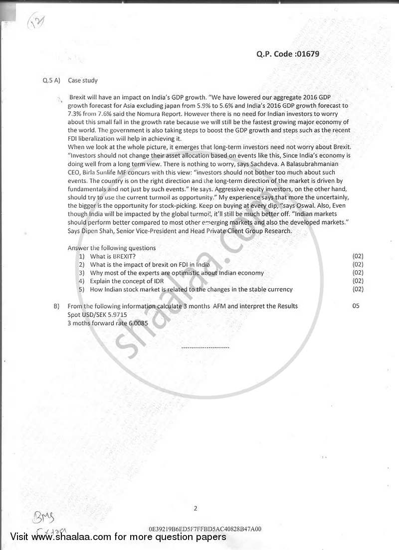 International Finance 2016-2017 - B.M.S - Semester 6 - University of Mumbai question paper with PDF download