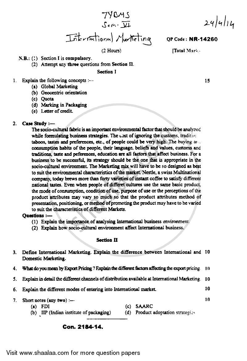 International Marketing 2 2013-2014 - B.M.S - Semester 6 - University of Mumbai question paper with PDF download
