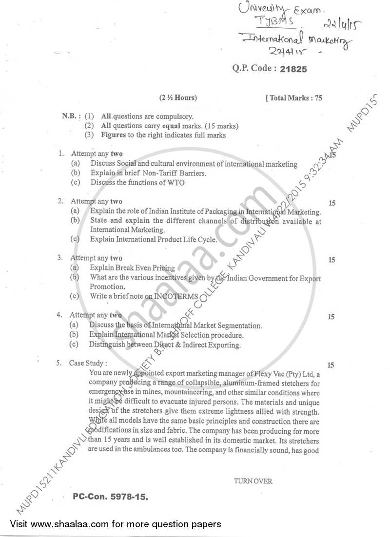 International Marketing 2 2014-2015 - B.M.S - Semester 6 - University of Mumbai question paper with PDF download