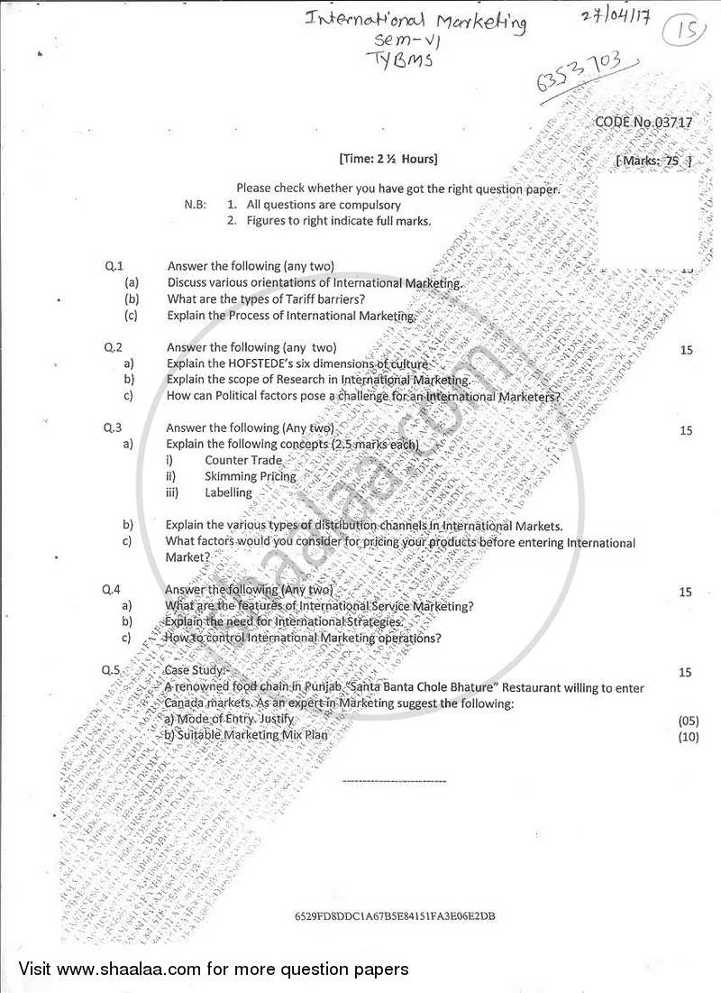 International Marketing 2 2016-2017 - B.M.S - Semester 6 - University of Mumbai question paper with PDF download
