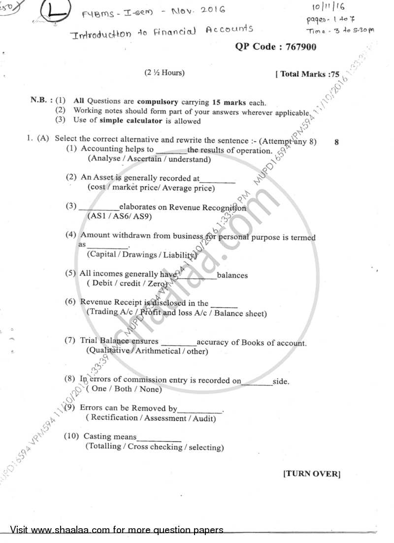 Introduction to Financial Accounts 2016-2017 - B.M.S - Semester 1 - University of Mumbai question paper with PDF download