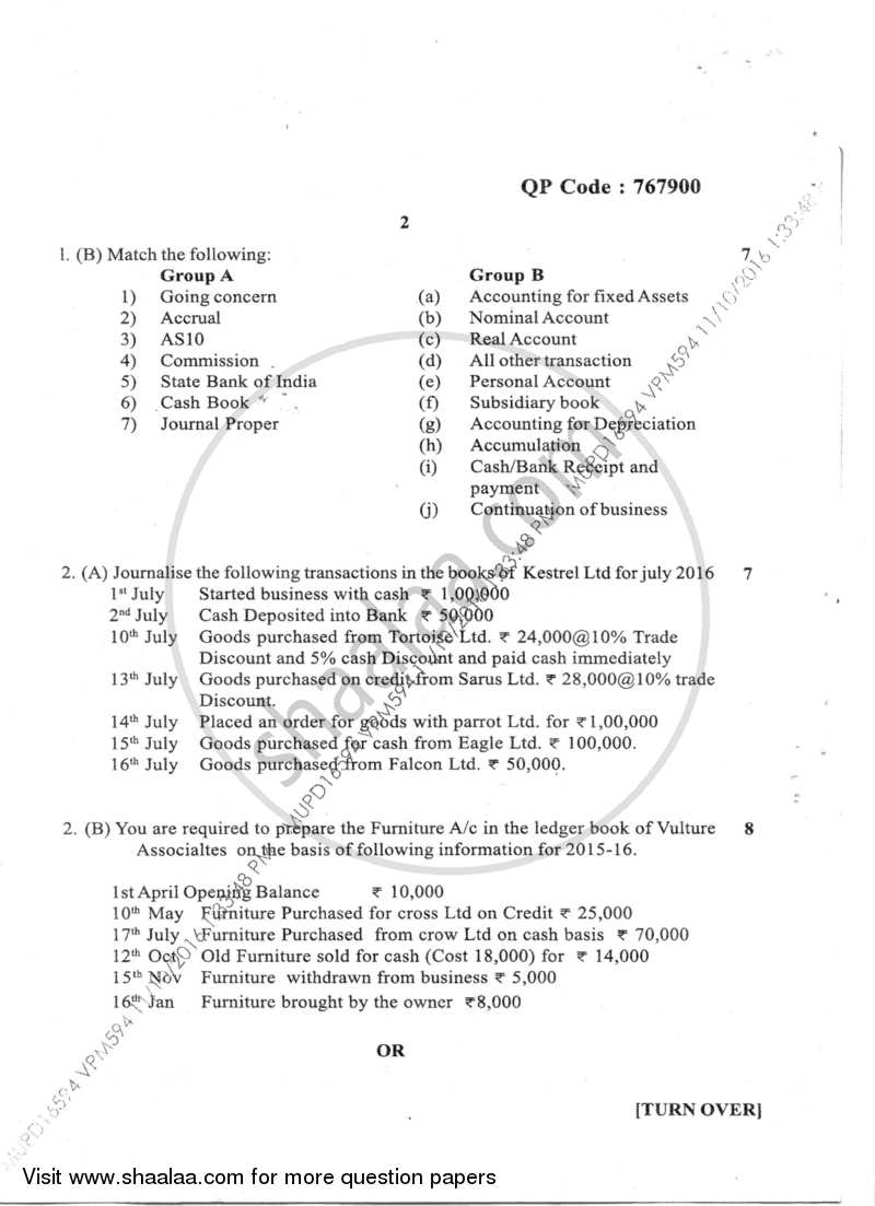 Introduction to Financial Accounts 2016-2017 - B.M.S - Semester 1 - University of Mumbai question paper with PDF download
