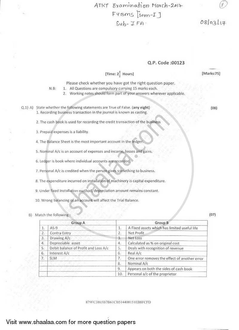 Introduction to Financial Accounts 2016-2017 - B.M.S - Semester 1 - University of Mumbai question paper with PDF download