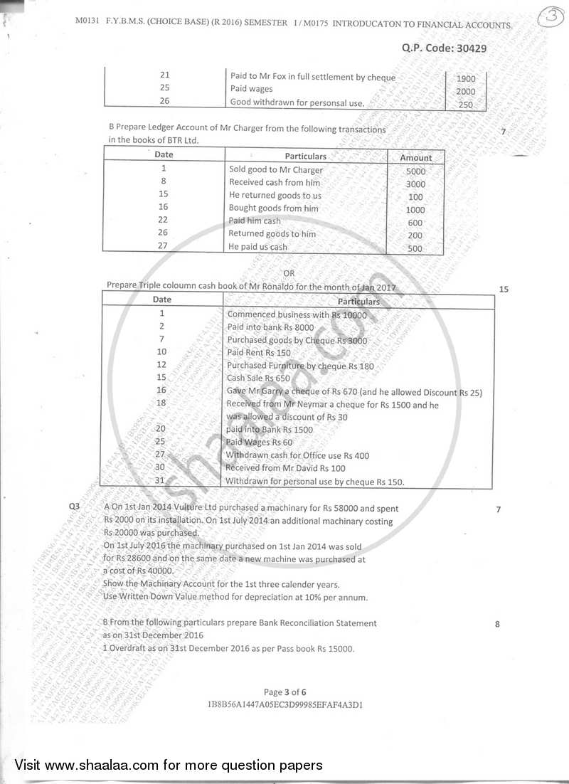 Introduction to Financial Accounts 2017-2018 - B.M.S - Semester 1 - University of Mumbai question paper with PDF download
