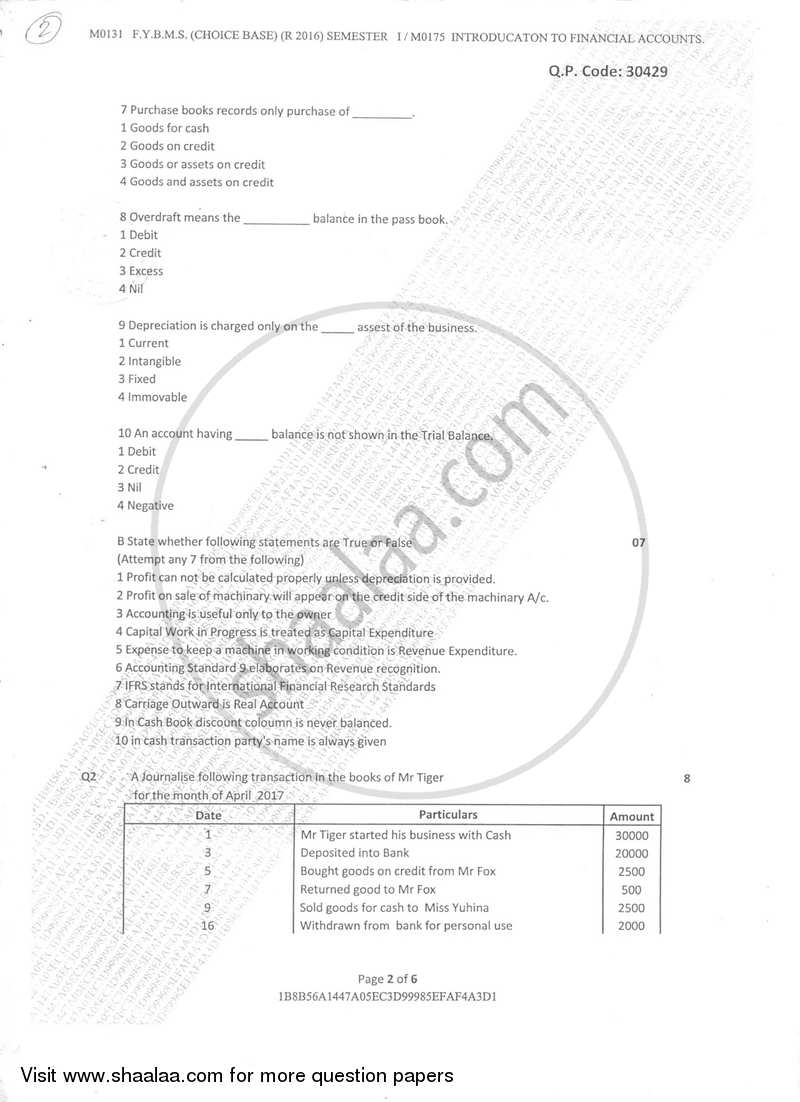 Introduction to Financial Accounts 2017-2018 - B.M.S - Semester 1 - University of Mumbai question paper with PDF download
