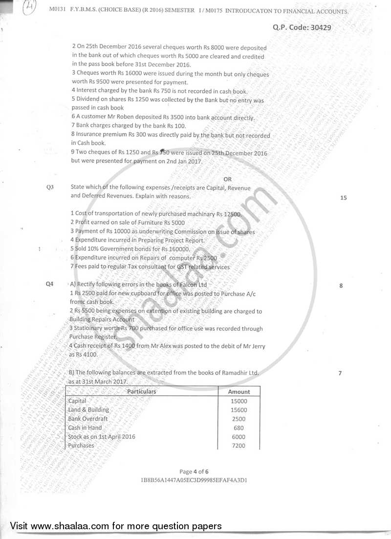 Introduction to Financial Accounts 2017-2018 - B.M.S - Semester 1 - University of Mumbai question paper with PDF download