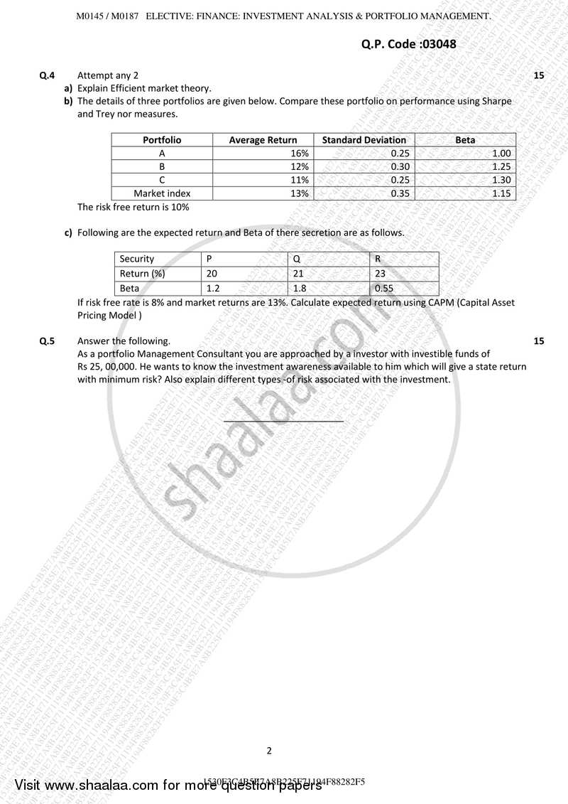 Investment Analysis & Portfolio Management 2017-2018 - B.M.S - Semester 5 - University of Mumbai question paper with PDF download