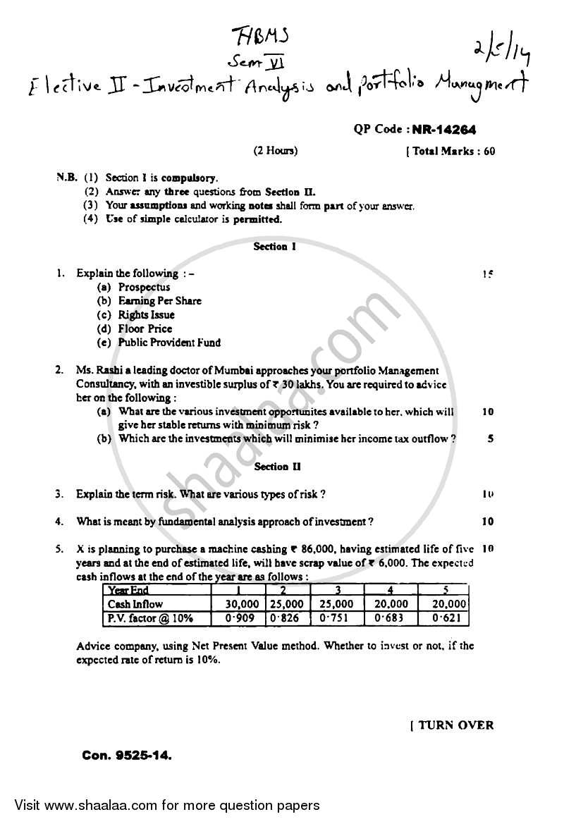 Investment Analysis & Portfolio Management 2013-2014 - B.M.S - Semester 6 - University of Mumbai question paper with PDF download