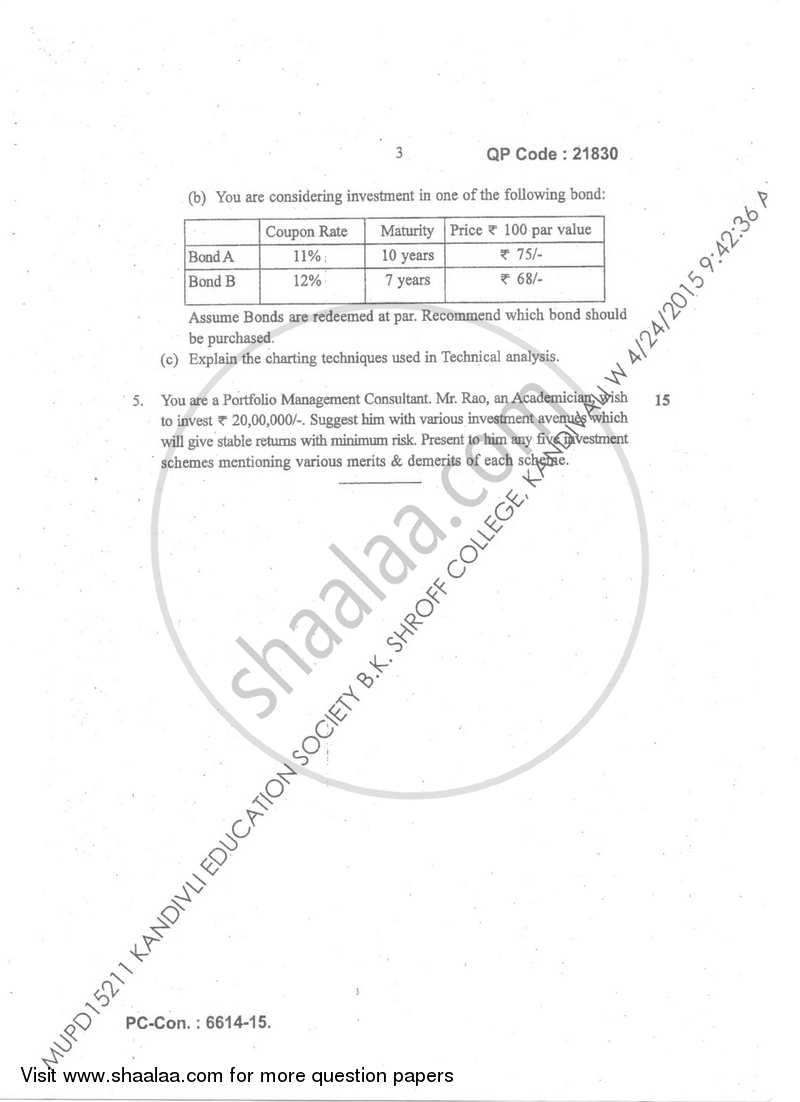 Investment Analysis & Portfolio Management 2014-2015 - B.M.S - Semester 6 - University of Mumbai question paper with PDF download