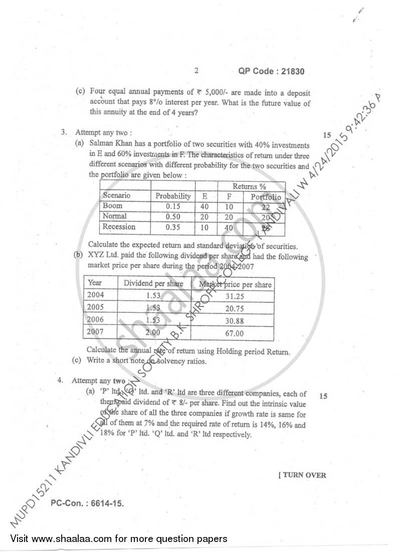 Investment Analysis & Portfolio Management 2014-2015 - B.M.S - Semester 6 - University of Mumbai question paper with PDF download