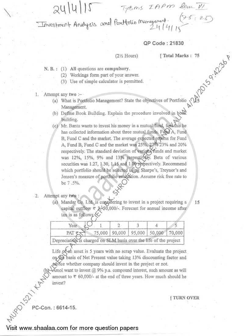 Investment Analysis & Portfolio Management 2014-2015 - B.M.S - Semester 6 - University of Mumbai question paper with PDF download