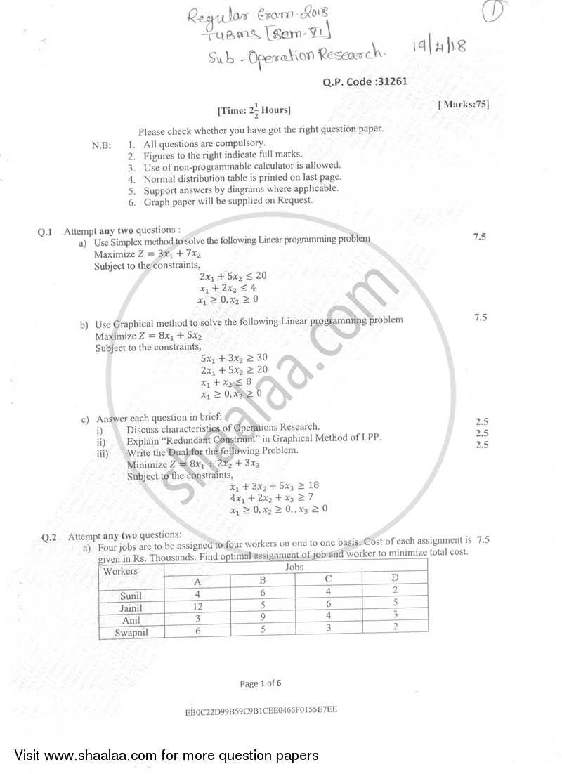 operations research exam paper