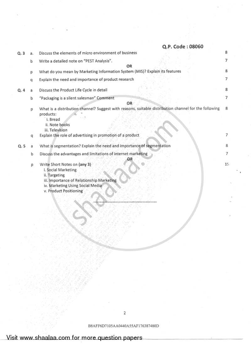 Principles of Marketing 2016-2017 - B.M.S - Semester 2 - University of Mumbai question paper with PDF download