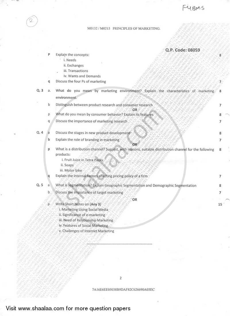 Principles of Marketing 2017-2018 - B.M.S - Semester 2 - University of Mumbai question paper with PDF download