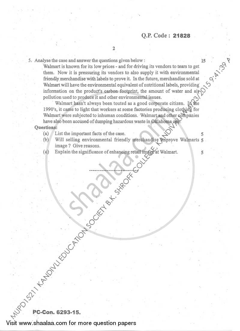 Retail Management 2014-2015 - B.M.S - Semester 6 - University of Mumbai question paper with PDF download