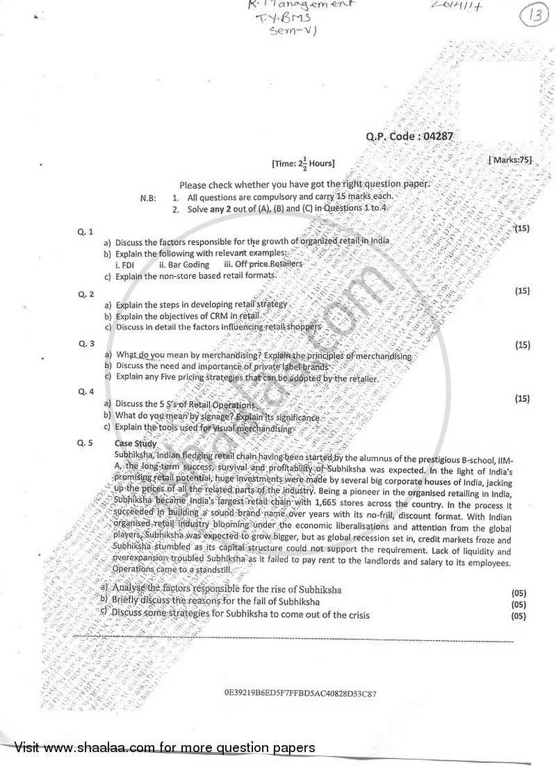 Retail Management 2016-2017 - B.M.S - Semester 6 - University of Mumbai question paper with PDF download