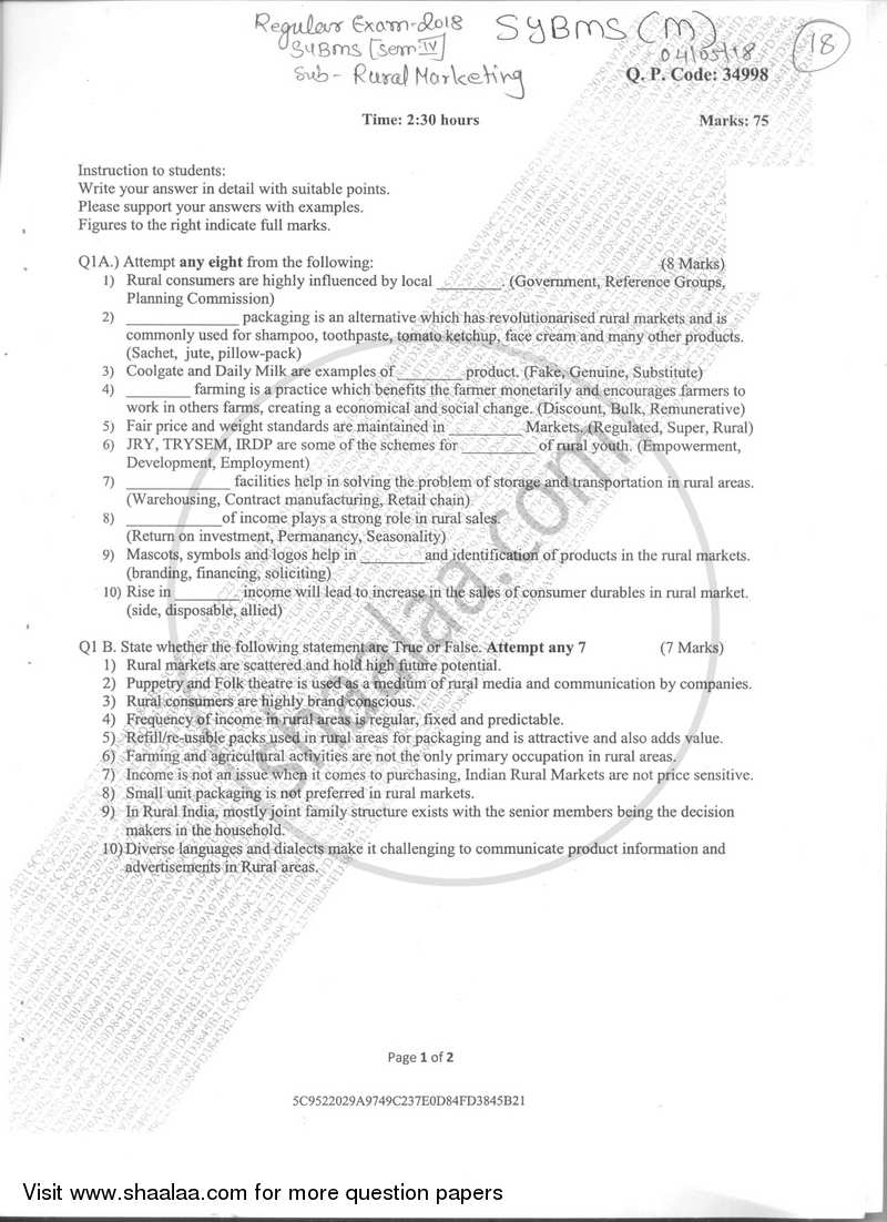 Rural Marketing 2017-2018 - B.M.S - Semester 4 - University of Mumbai question paper with PDF download