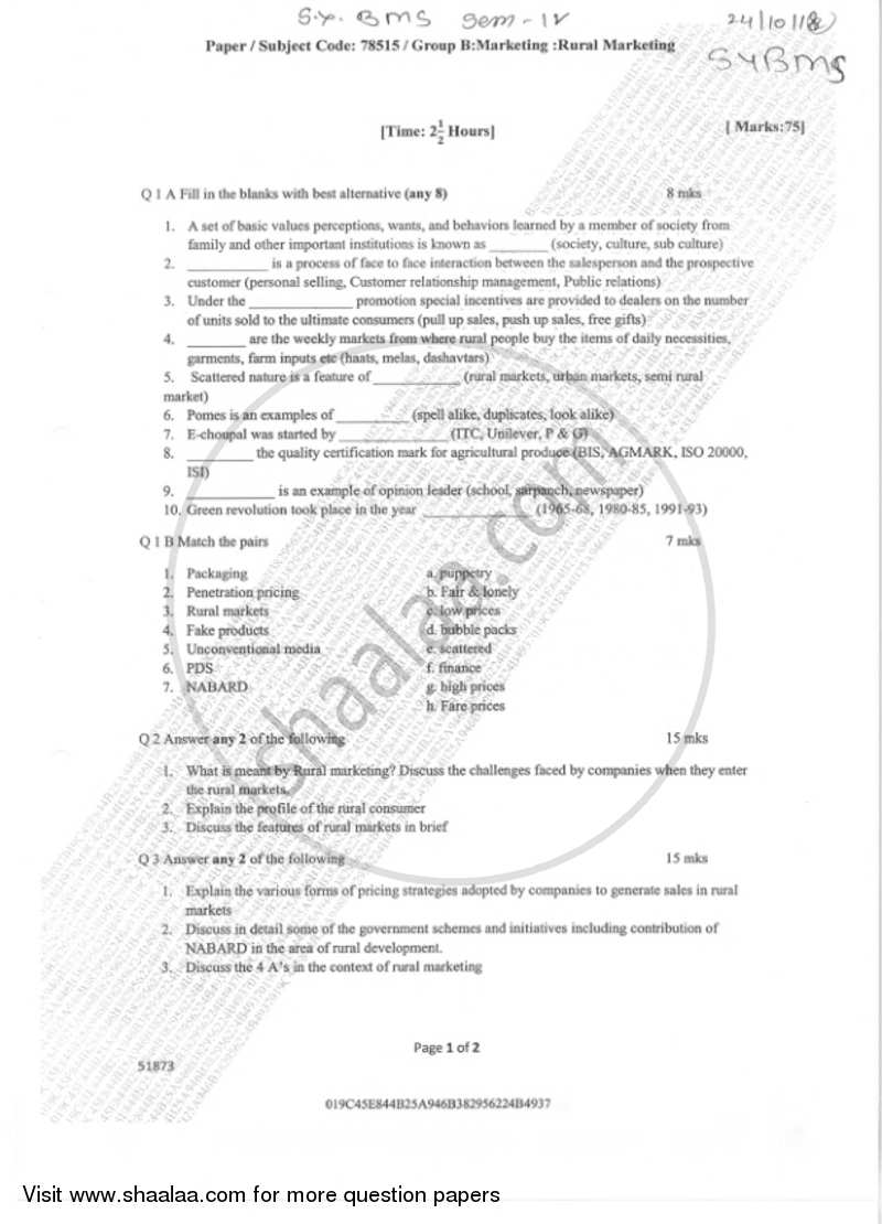 Rural Marketing 2018-2019 - B.M.S - Semester 4 - University of Mumbai question paper with PDF download