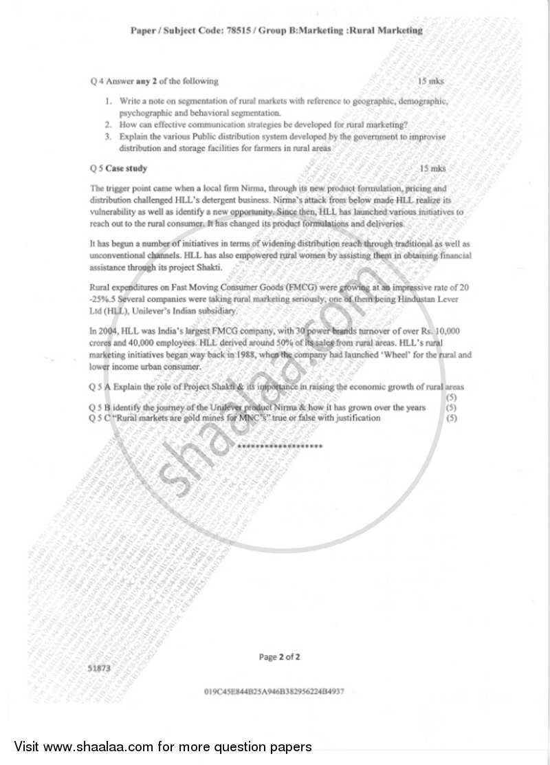 Rural Marketing 2018-2019 - B.M.S - Semester 4 - University of Mumbai question paper with PDF download