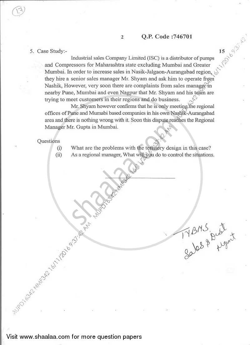 Sales and Distribution Management 2016-2017 - B.M.S - Semester 5 - University of Mumbai question paper with PDF download